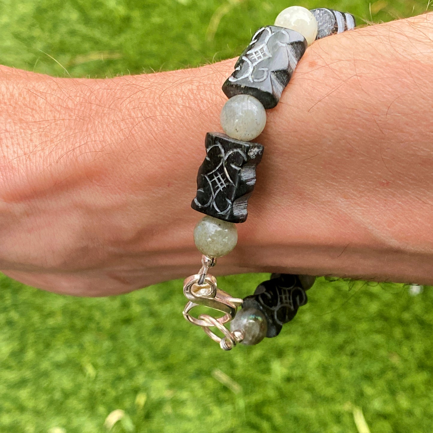 Black old jade and labradorite gemstones with sterling silver clasp bracelet
