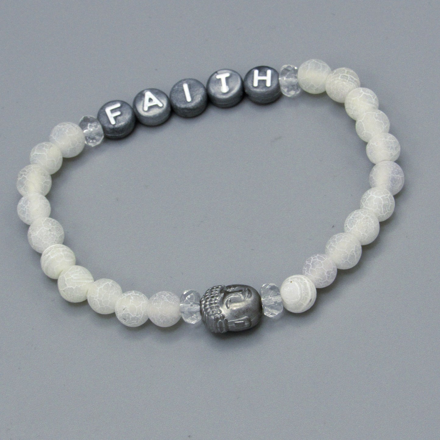 Matte Spider Vein and White Agate Gemstone “Faith” Bracelet with Hematite Buddha
