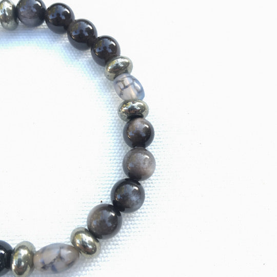 Men's Silver Obsidian, Pyrite and Dragon’s Vein of Agate Gemstone stretch bracelet