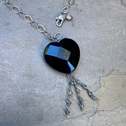 Black Onyx Faceted Heart Pendant w/ Labradorite on Sterling Silver Chain