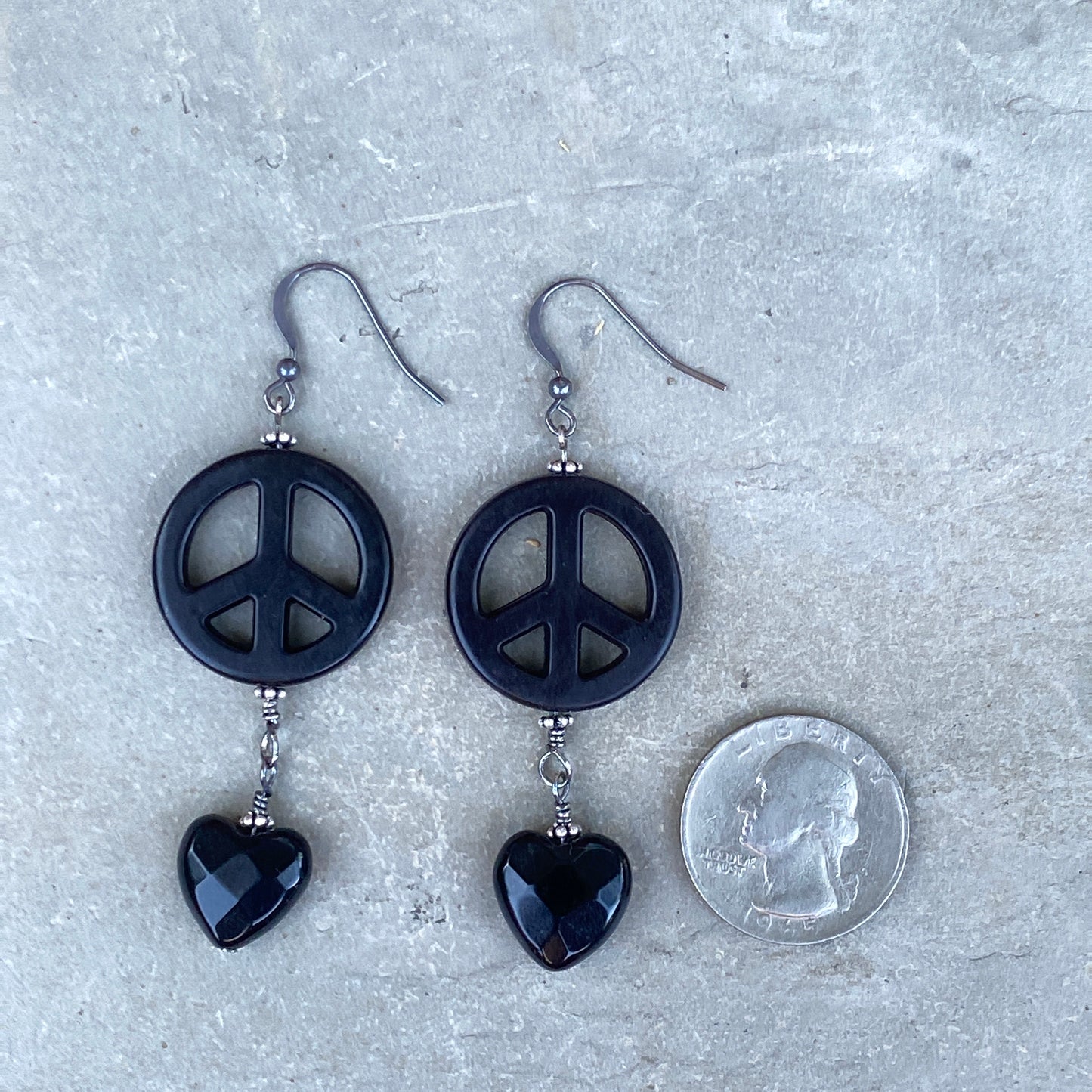 Black Onyx Faceted Hearts w/ Howlite Peace Signs and Sterling Silver Drop Earrings