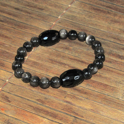 Chunky Black Onyx and Silver Obsidian Gemstone Stretch Bracelet