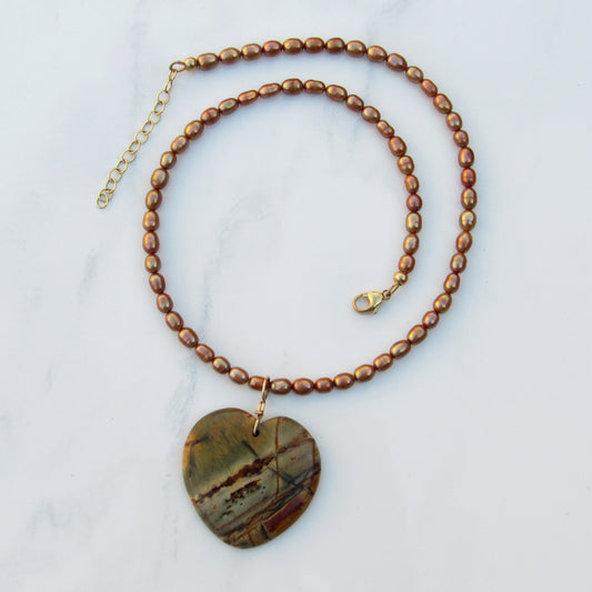 Picasso Jasper gemstone Heart on genuine Pearls necklace