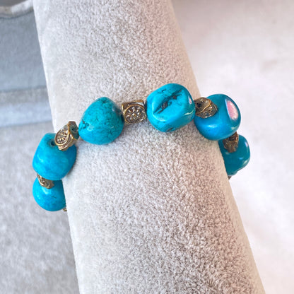Turquoise gemstone and Brass Flower Beaded Bracelet