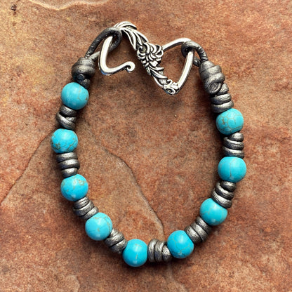 Women’s hand knotted Leather and Metal Howlite Gemstone bracelet