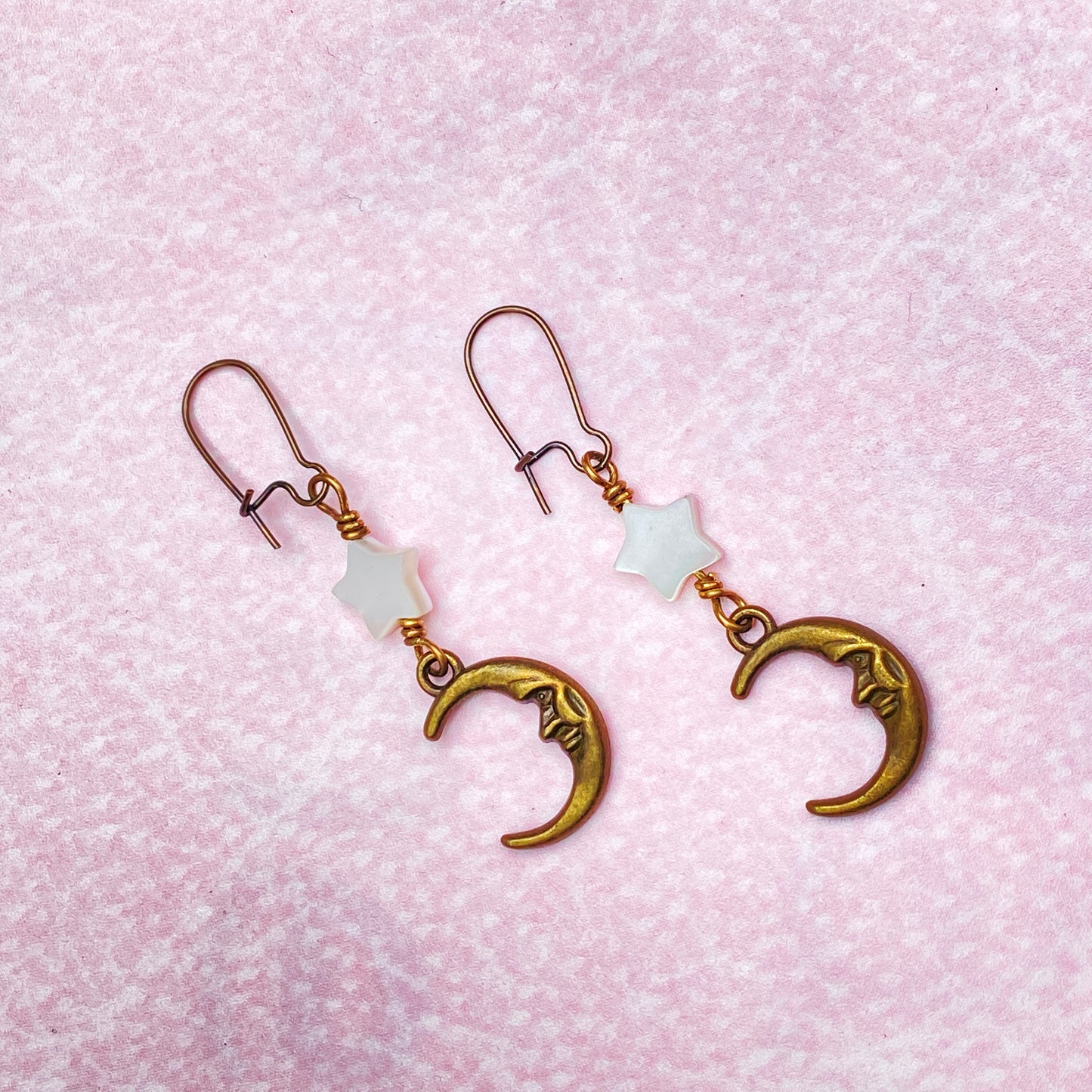 Mother of Pearl Stars with brass crescent Moon face Earrings
