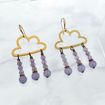 Raw Brass Cloud and Amethyst gemstone Rain Drop Earrings