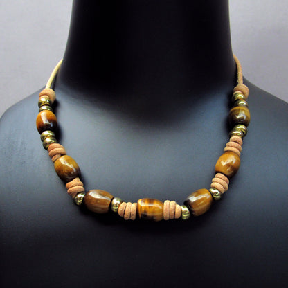 Tiger Eye and Brass Hand Knotted on Natural Leather Necklace