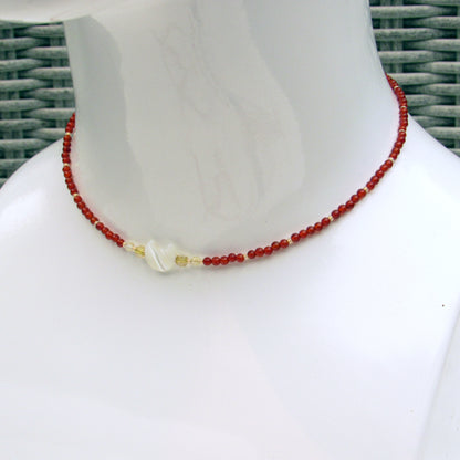 Mother of Pearl moon Choker necklace w/ 14 kt Gf and Red Agate