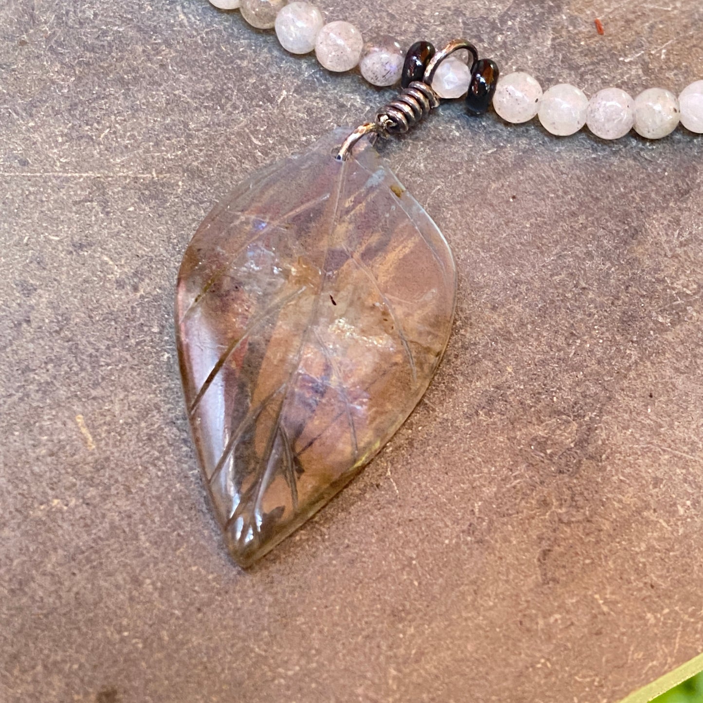 Labradorite Leaf Pedant W/ Oxidized Sterling Silver Gemstone Necklace