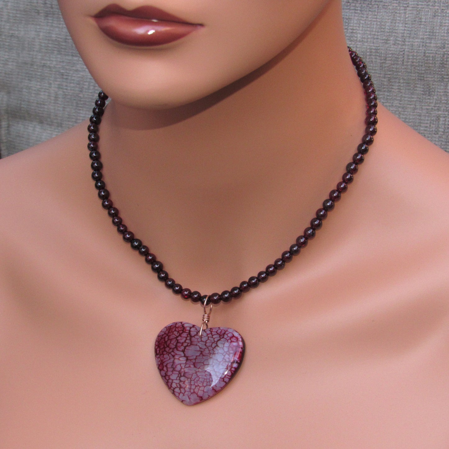 Dragon’s Vein Agate Gemstone Heart Pendant Wrapped on 14 Kt Rose GF on Beaded Garnet Necklace
