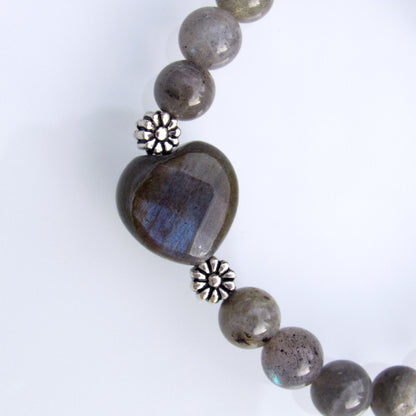 Labradorite gemstone and sterling silver beaded crystal stretch bracelet