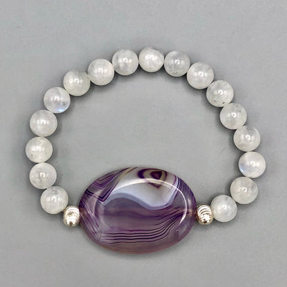 Purple Banded Agate with Moonstones and Sterling Silver Women’s Chunky Stretch Bracelet