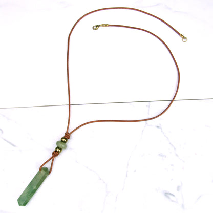 Aventurine gemstone wand pendant with Brass on Leather Necklace