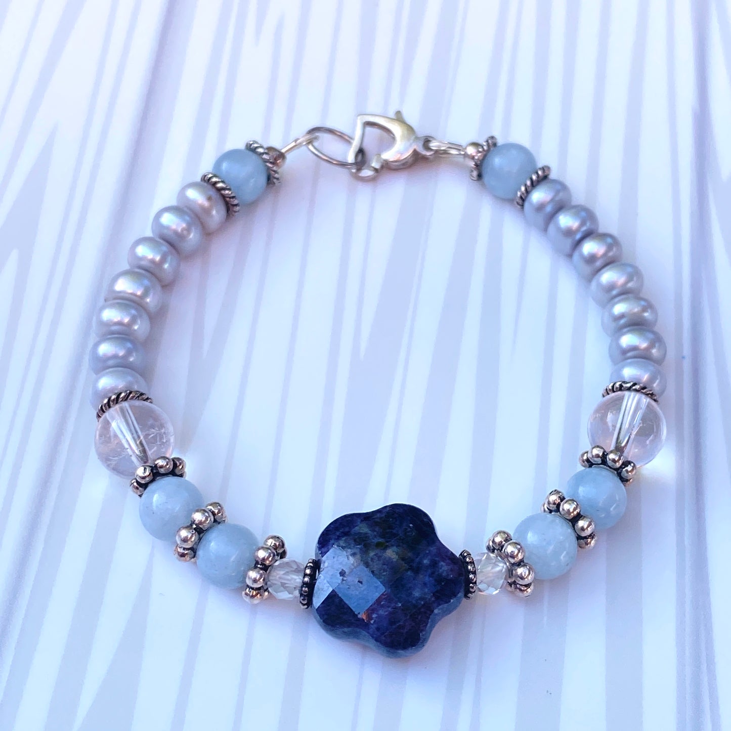 Blue Sapphire gemstone beaded Bracelet with aquamarine and quartz
