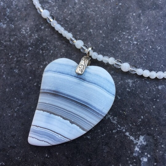 Striped Onyx heart pendant on beaded Moonstone & Clear Quartz Gemstone necklace