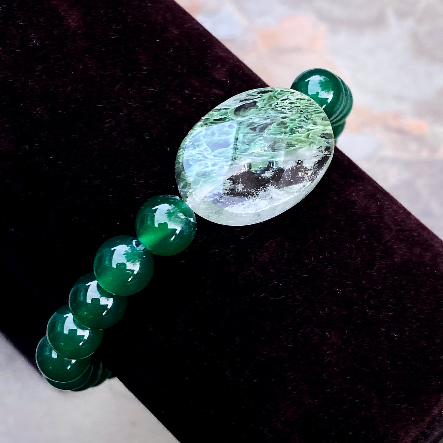 Green Onyx Gemstone, Green Moss Agate, and Pyrite Men’s Stretch Bracelet
