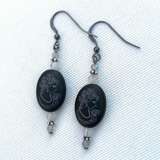 Women's Onyx Cameo, Labradorite and Moonstone, with oxidized sterling silver drop earrings