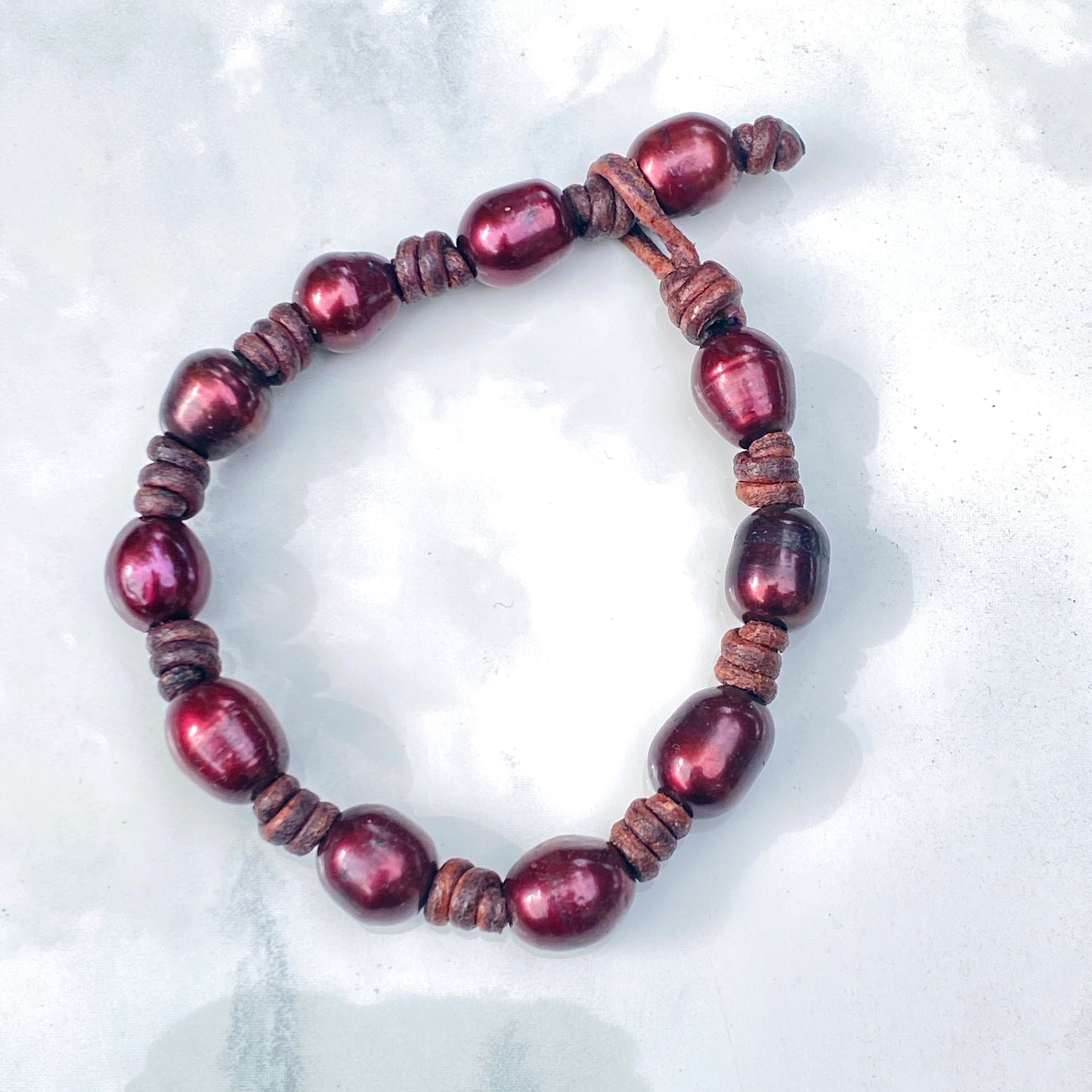 Red Pearl and Leather Bracelet