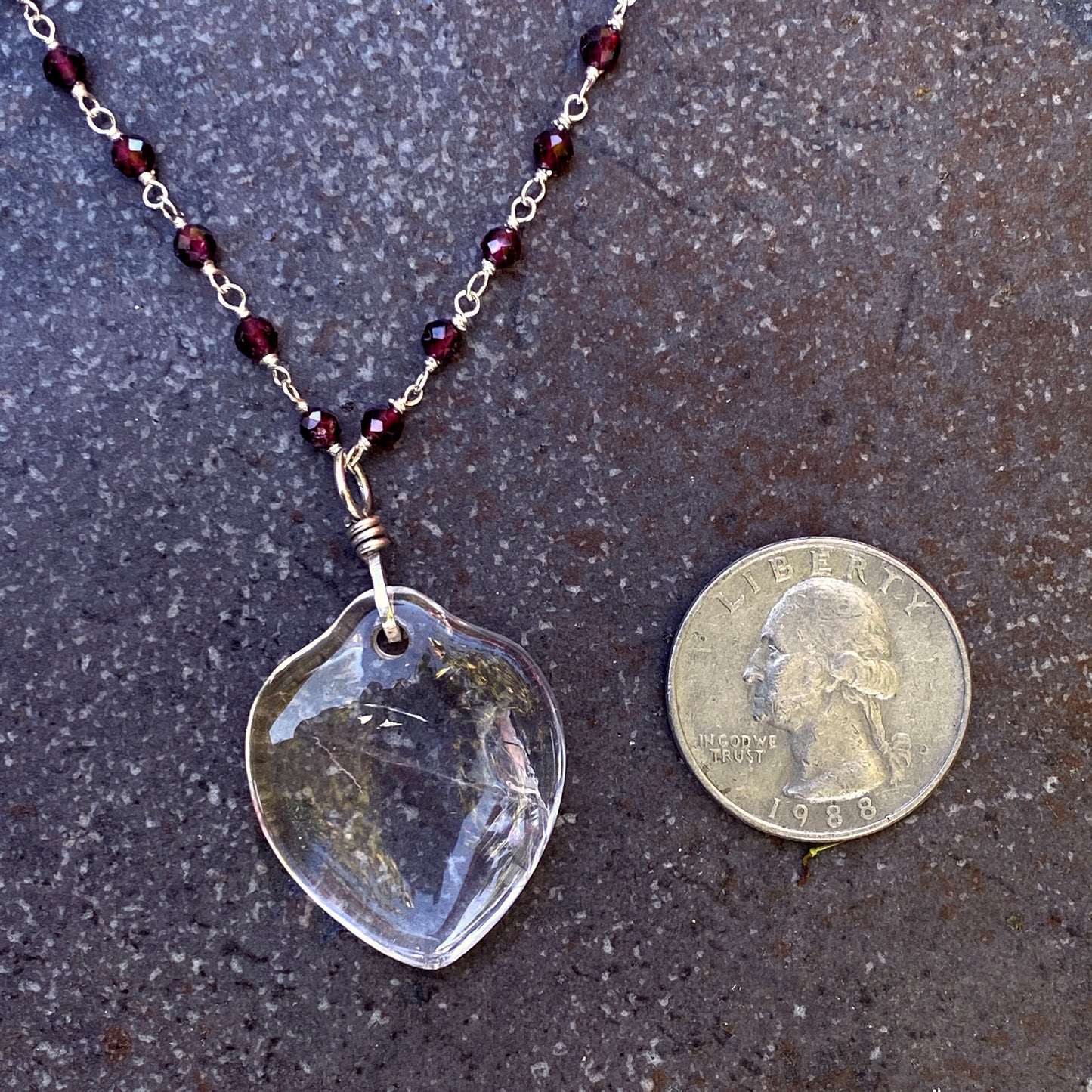 Clear Quartz Heart on Garnet Wrapped Sterling Silver Chain Necklace