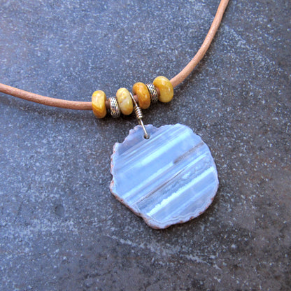 Grey Striped Agate gemstone, Yellow jasper, Sterling Silver on Leather Necklace