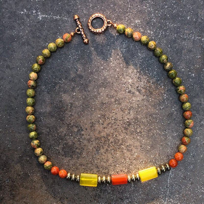 Men's Carnelian, Jade, Unakite and Pyrite Gemstone Necklace