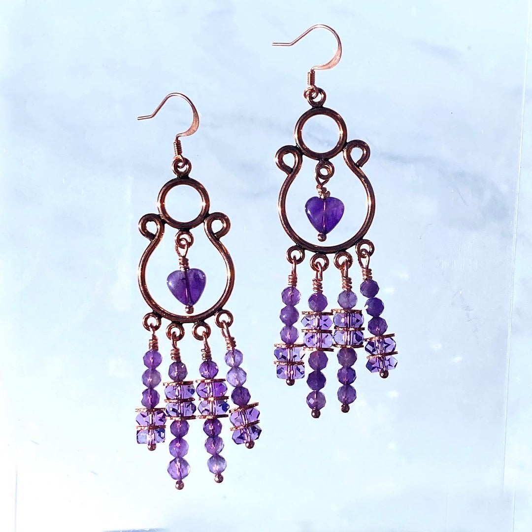 Natural Amethyst gemstone and Copper earrings