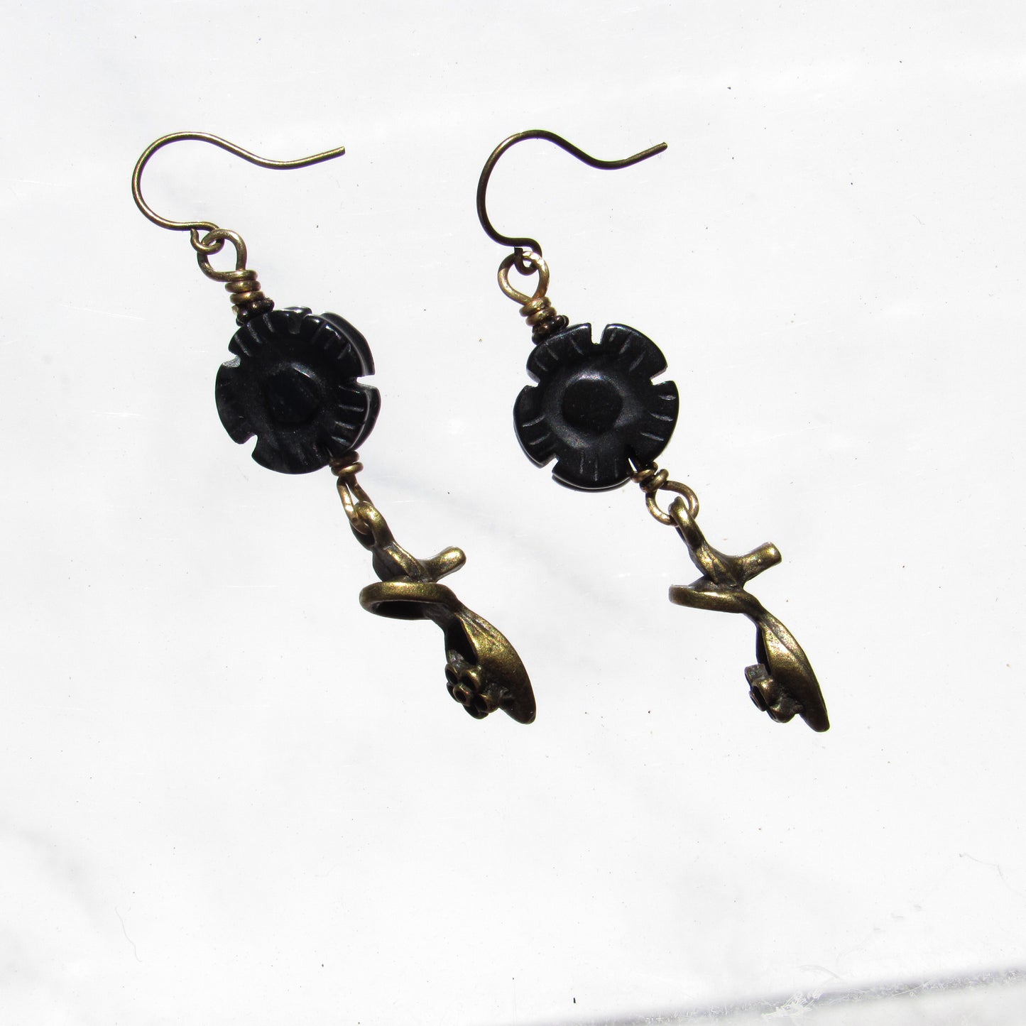 Brass shoe and onyx flower drop earrings