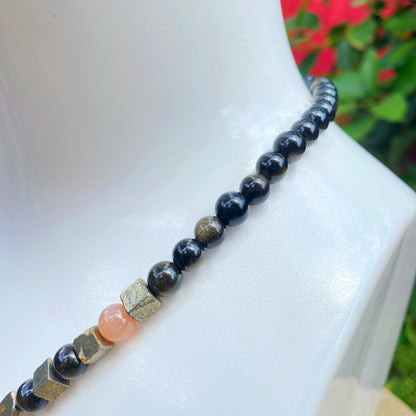 Men’s Coffee agate, sunstone, pyrite, gold obsidian necklace