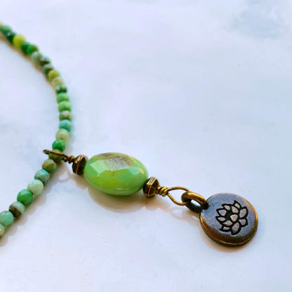 Green Opal gemstone and brass Lotus pendant Necklace