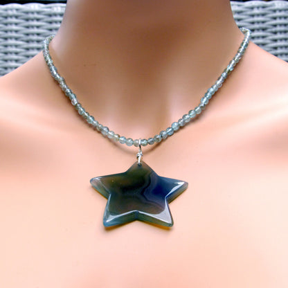 Grey Agate Gemstone Star on Apatite Necklace w/ Sterling Silver Clasp