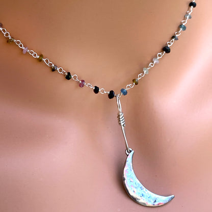 Sterling Silver Moon with mixed Tourmaline gemstone Necklace