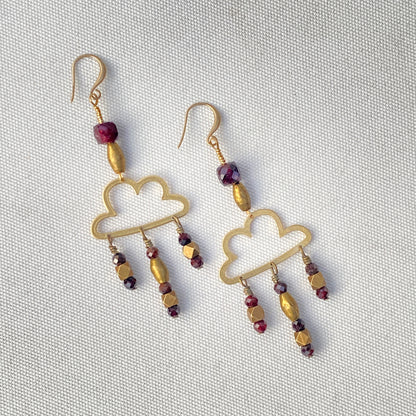 Raw Brass Cloud and Garnet gemstone Rain Drop Earrings