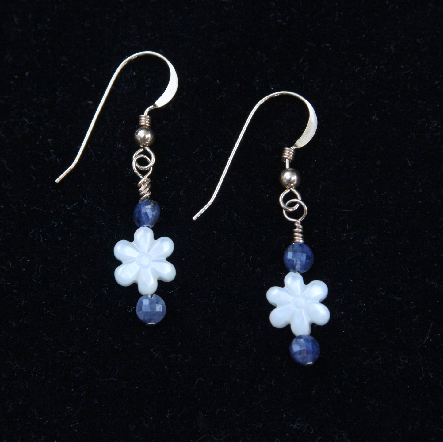 Mother of Pearl and Blue Sapphire with 14 Kt Gold Drop Earrings