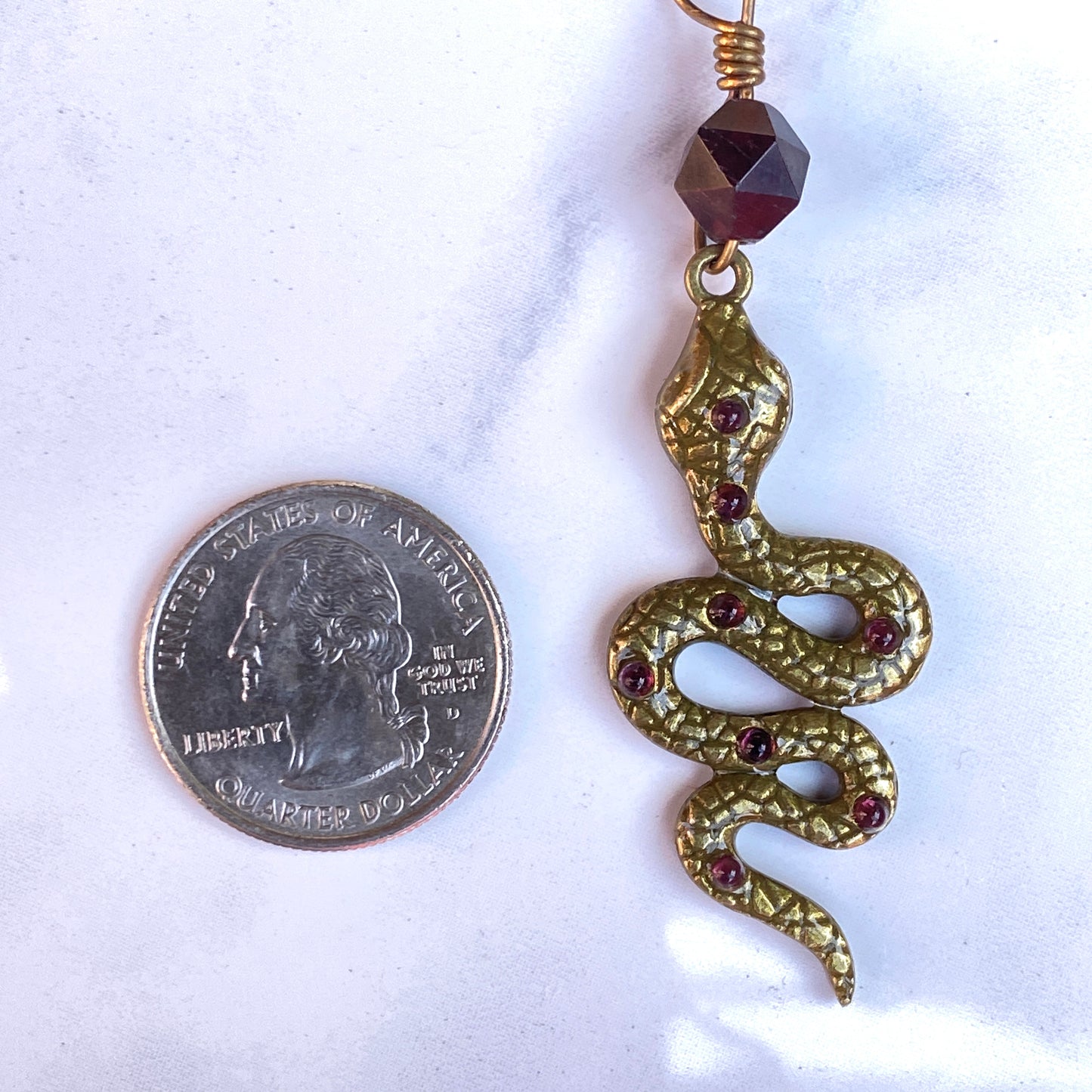 Garnet gemstone and Brass Snake pendant Necklace