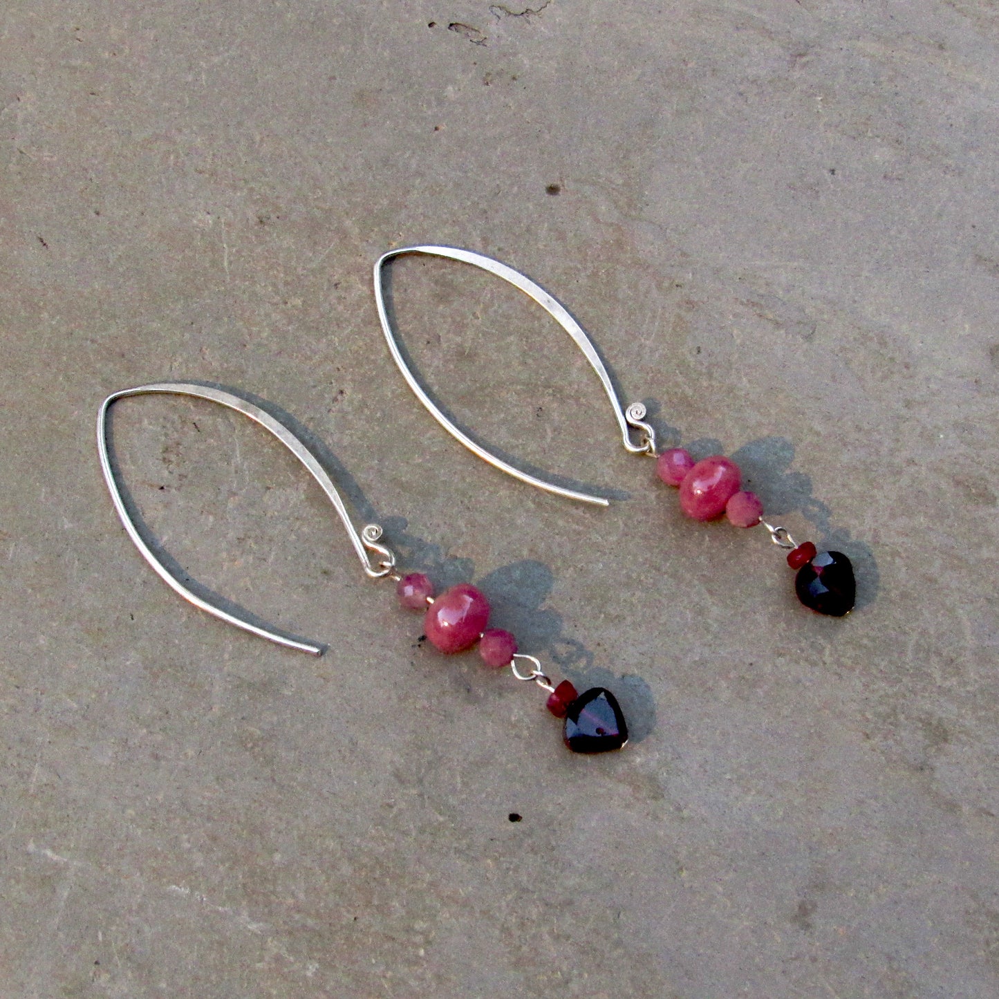 Pink Sapphires, Pink Tourmaline, Red Rubies, and Garnet gemstone Hearts w/ Sterling Silver Drop Earrings