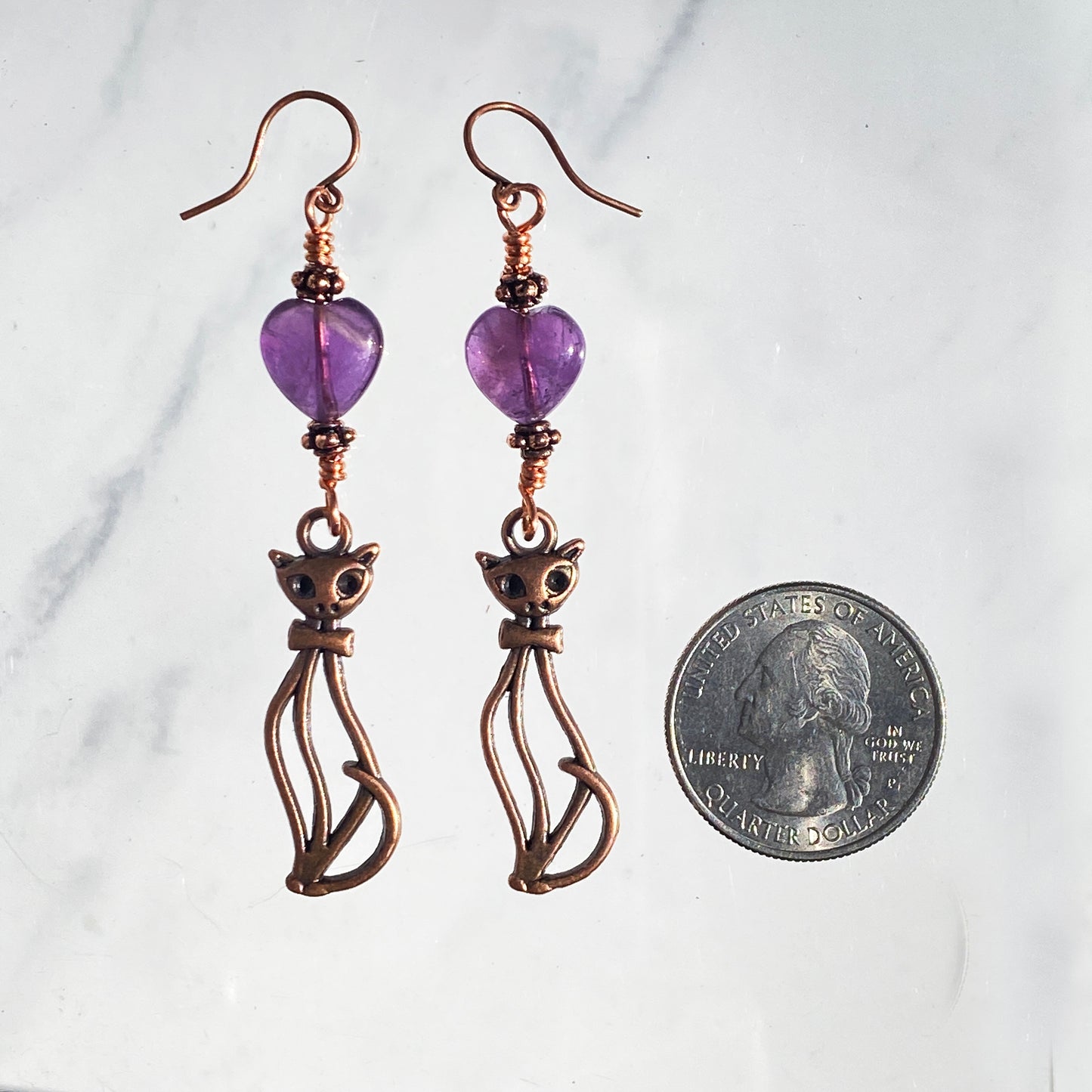 Amethyst gemstone Heart and Copper Kitty Drop Earrings