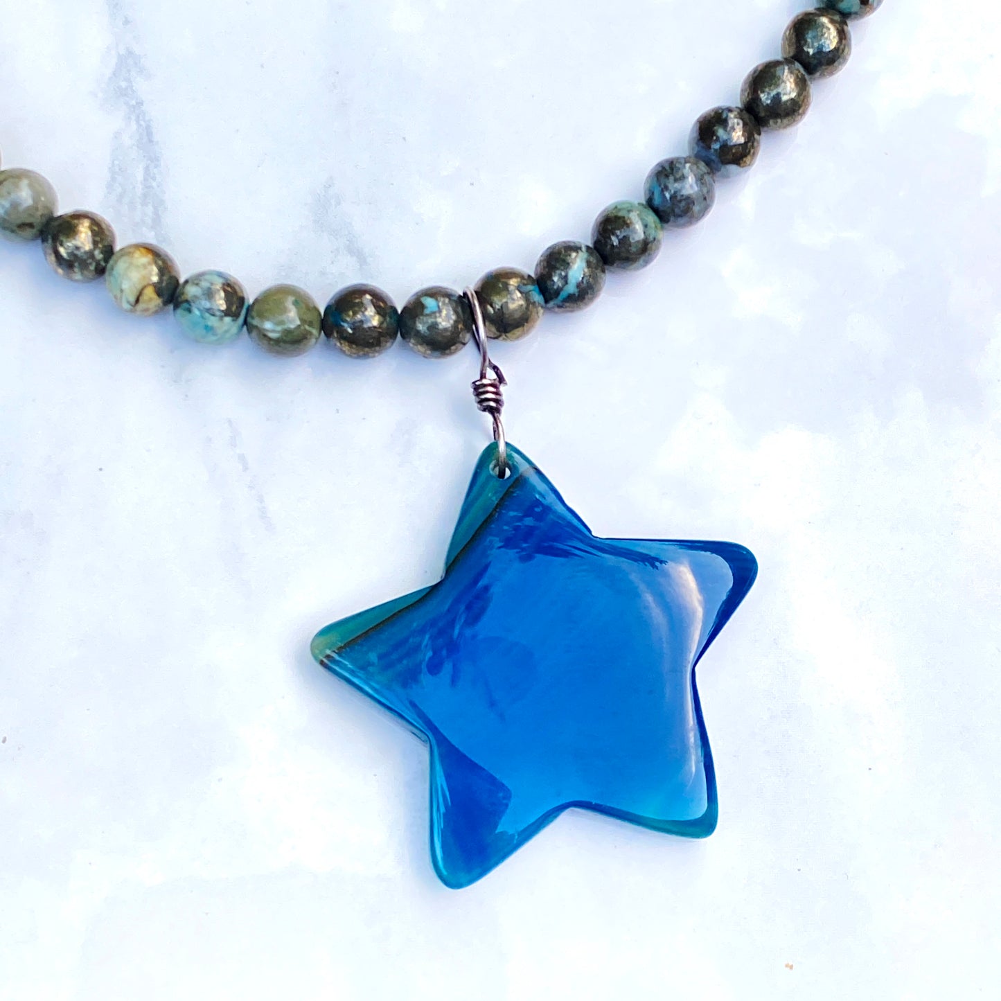 Blue Agate Star, Hand Wrapped w/ Oxidized Sterling Silver, On Blue Pyrite Necklace