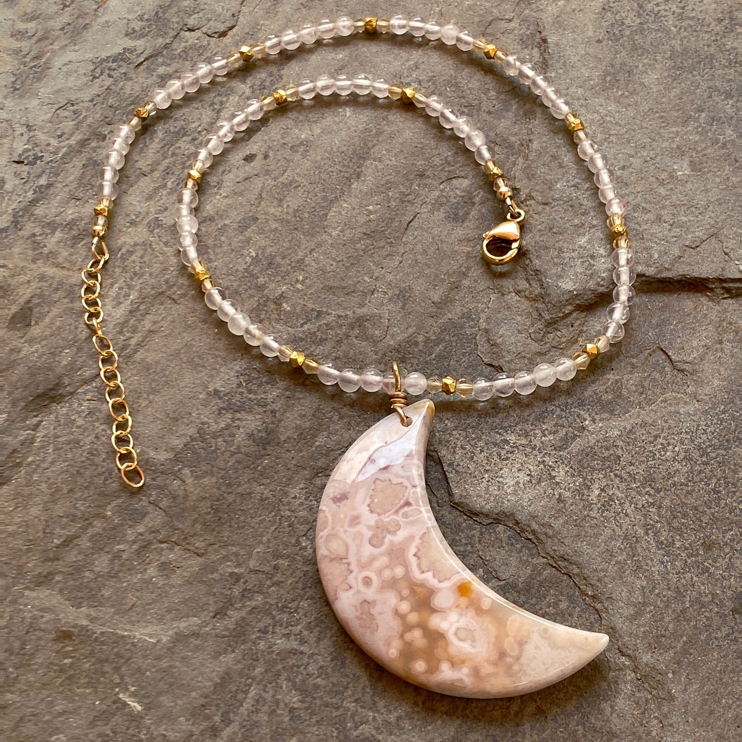 Cherry blossom agate moon pendant, on  Rose quartz, citrine, 14 kt GF necklace