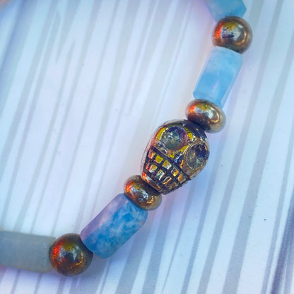 Aquamarine and Pyrite gemstone Skull Beaded Stretch Bracelet