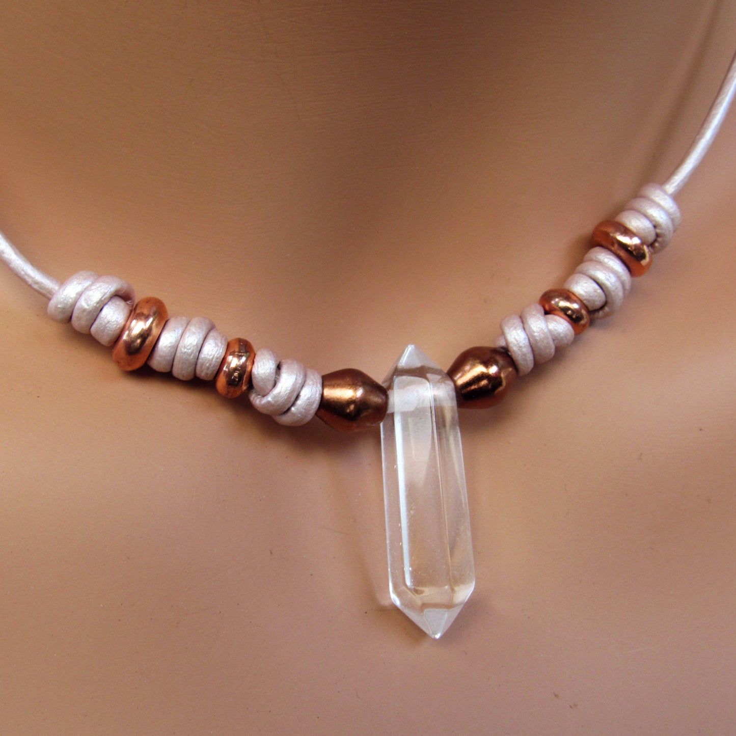 Clear Quartz gemstone and Copper on Metallic Pink Leather Necklace