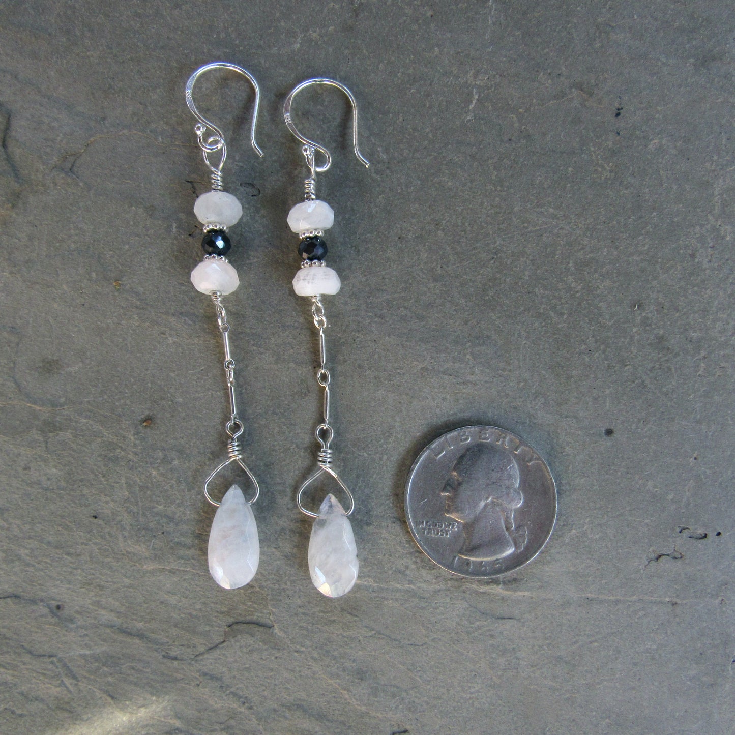 Black Diamond And Moonstone Long Drop Earrings w/ Sterling Silver