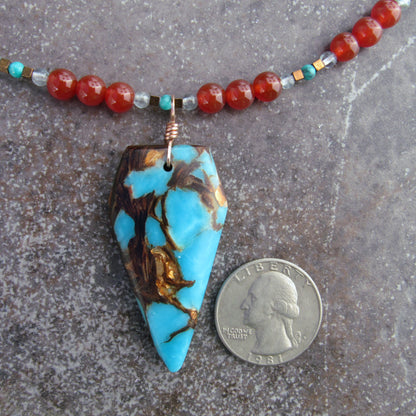 Bornite Gemstone pendant on carnelian, apatite, and hematite Beaded Necklace