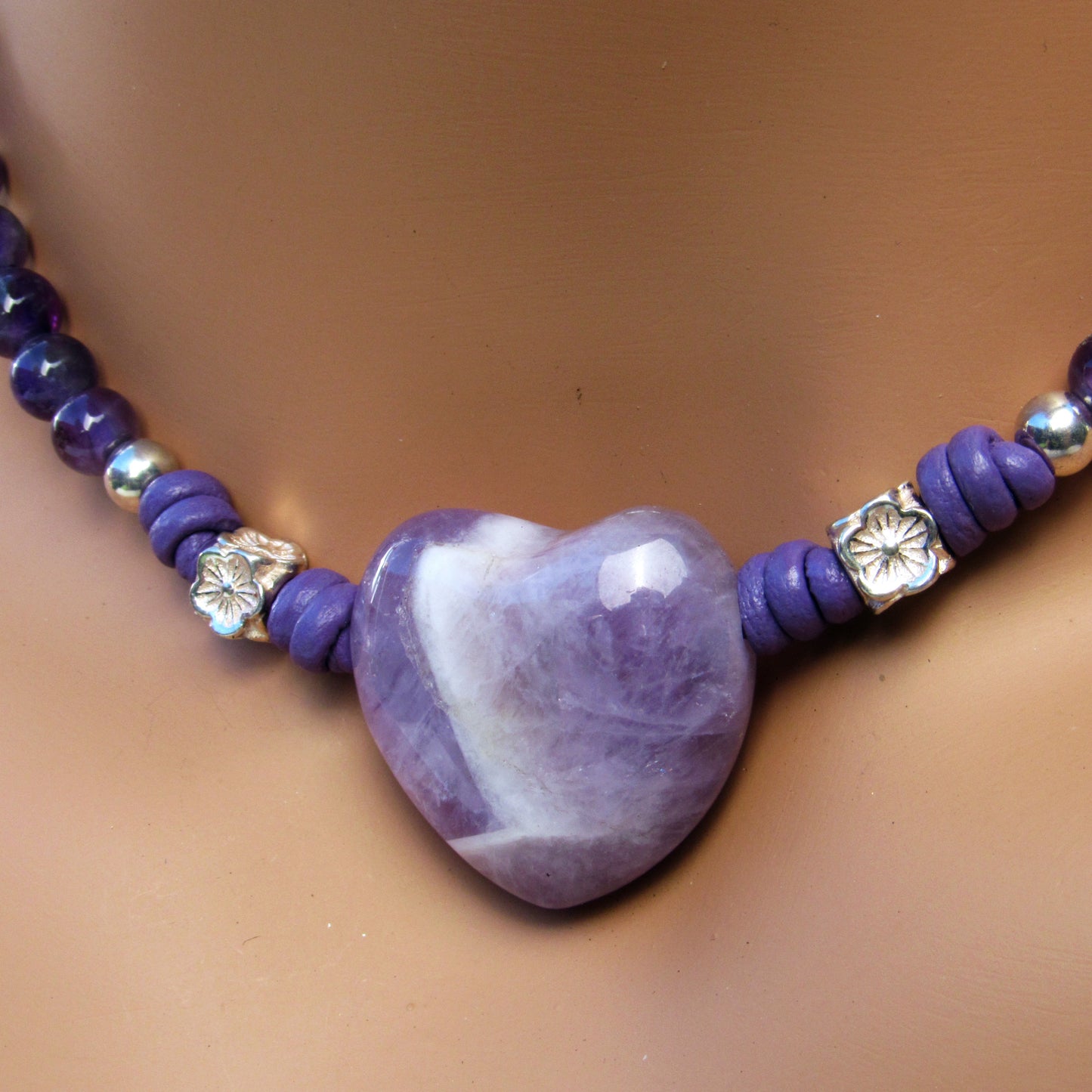Amethyst gemstone and heart with sterling silver on leather necklace
