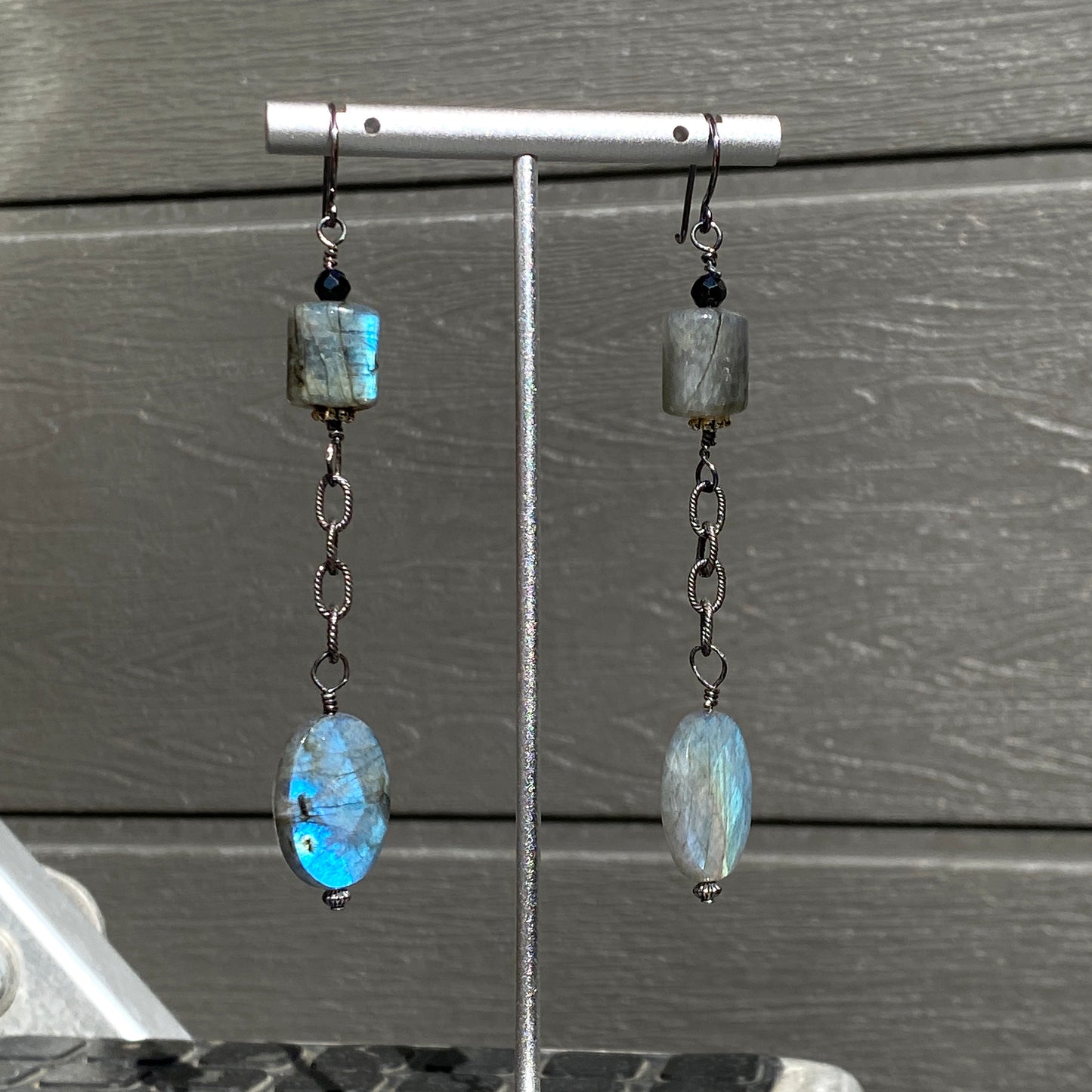 Labradorite, Black Spinel Gemstones, and Oxidized Sterling Silver Earrings