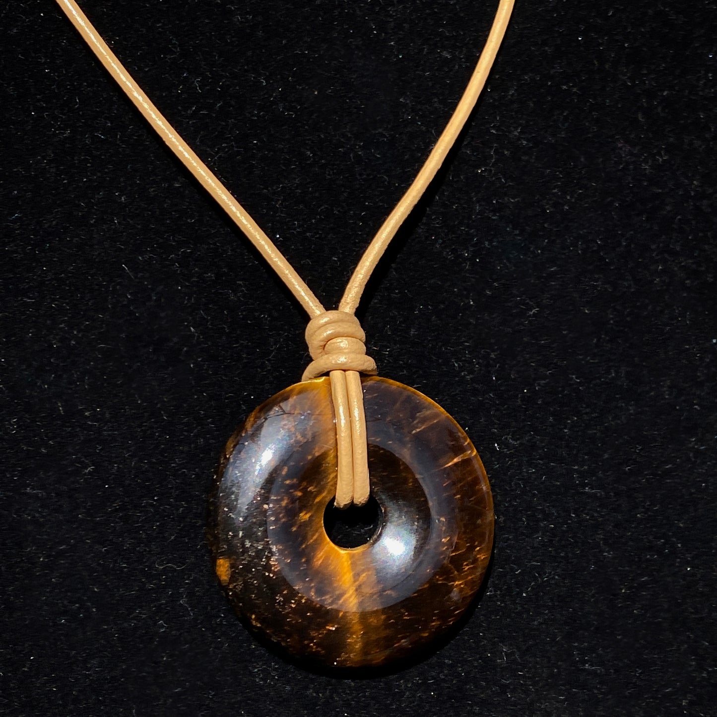 Tiger Eye gemstone Donut on genuine leather Necklace