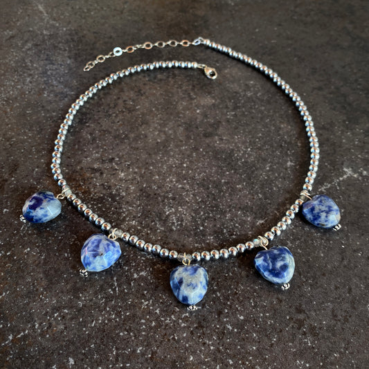 Sodalite heart, silver hematite beads, and sterling silver necklace
