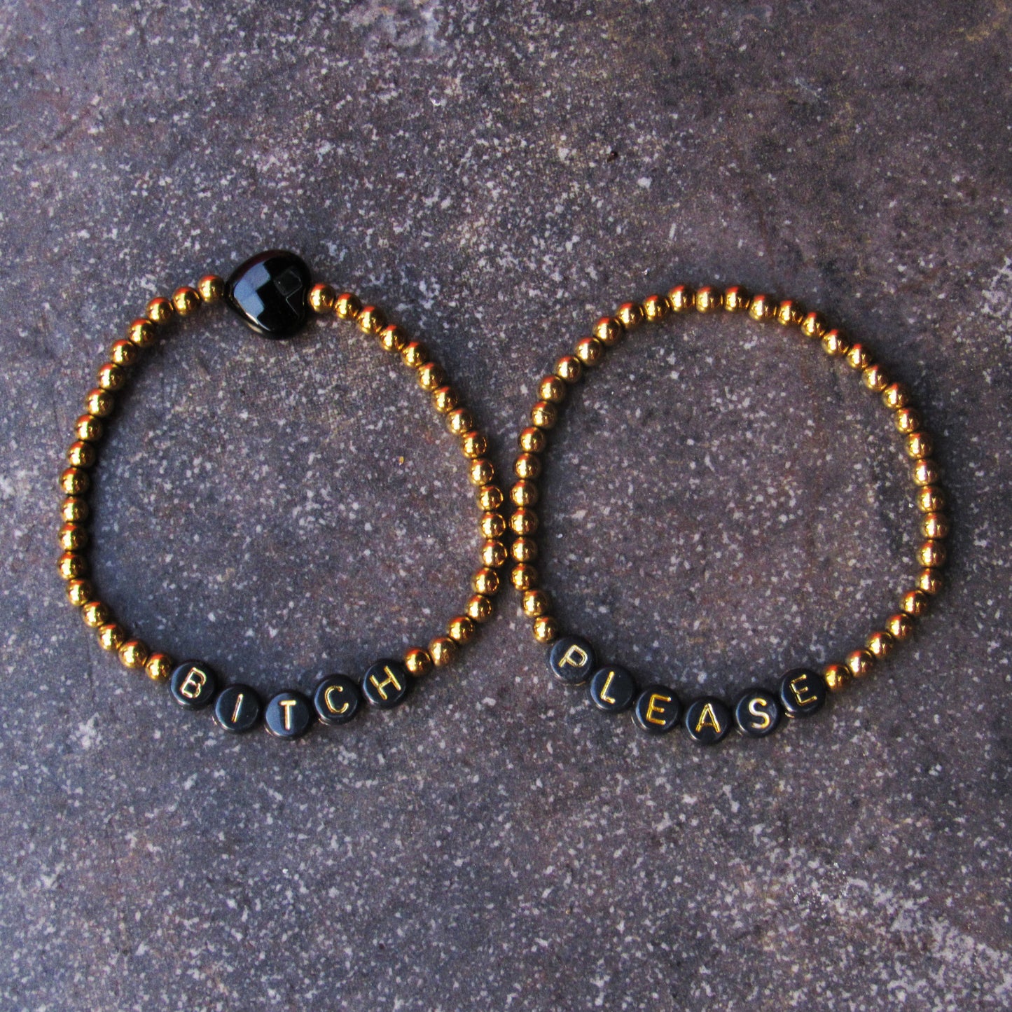 Hematite and Onyx gemstone “BITCH PLEASE” Stretch Bracelets