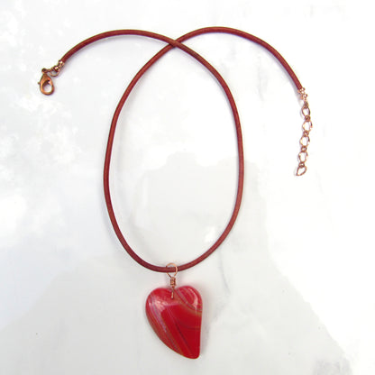 Red Banded Agate gemstone on Leather Necklace