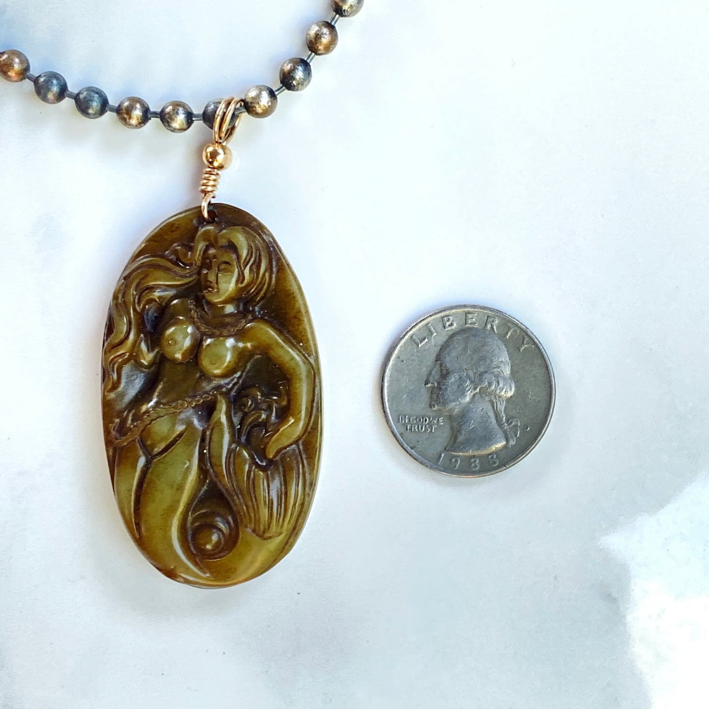 Jade Gemstone Carved Mermaid Pendant Hand Wrapped on Copper Chain